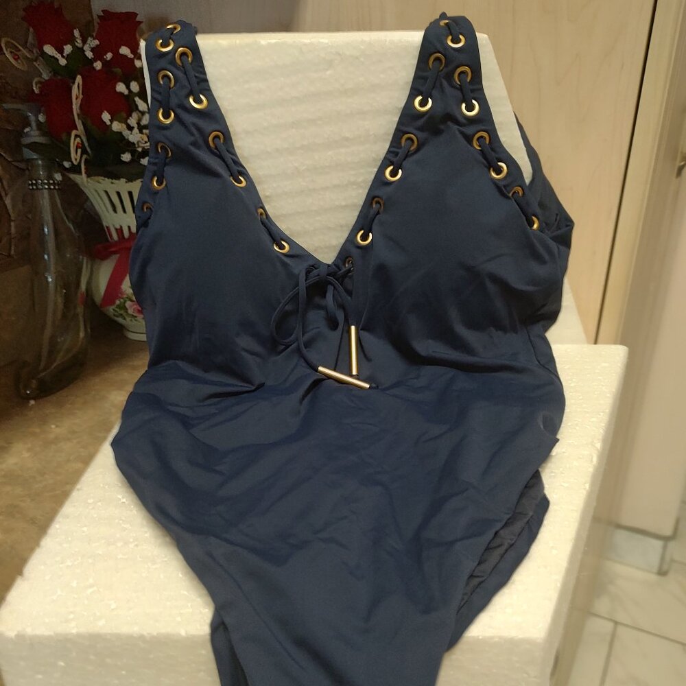 BCBG 1PC NAVY STUDDED LACEUP SWIMSUIT